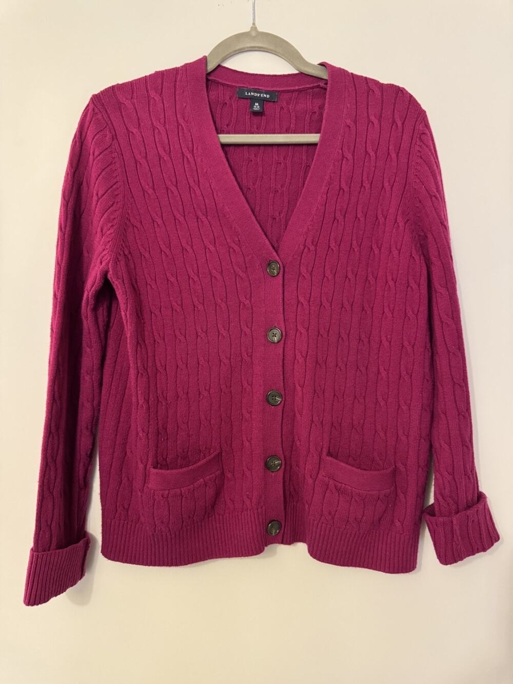 Women’s Lands' End Cable Knit Cardigan Raspberry Burgundy Cardigan